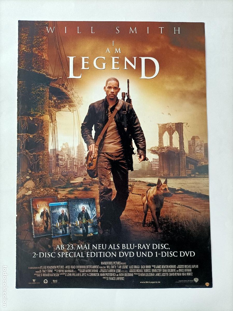 Cine: CARTEL DE LA PEL&Iacute;CULA LEGEND (I AM LEGEND), WILL SMITH. A DOBLE CARA 28X20CM