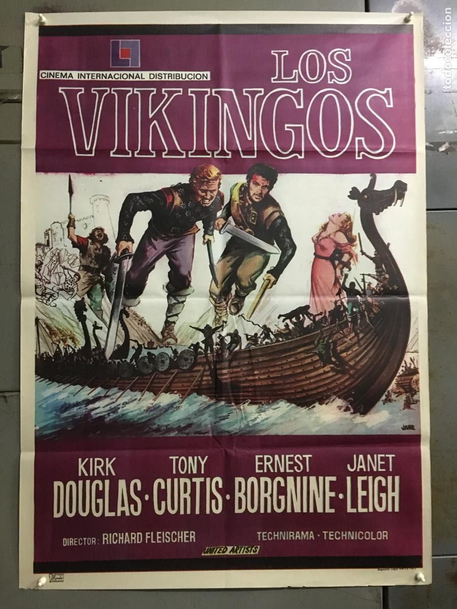 Cine: AFQ22 LOS VIKINGOS KIRK DOUGLAS TONY CURTIS JANET LEIGH POSTER ORIGINAL 70X100 r-73 h6
