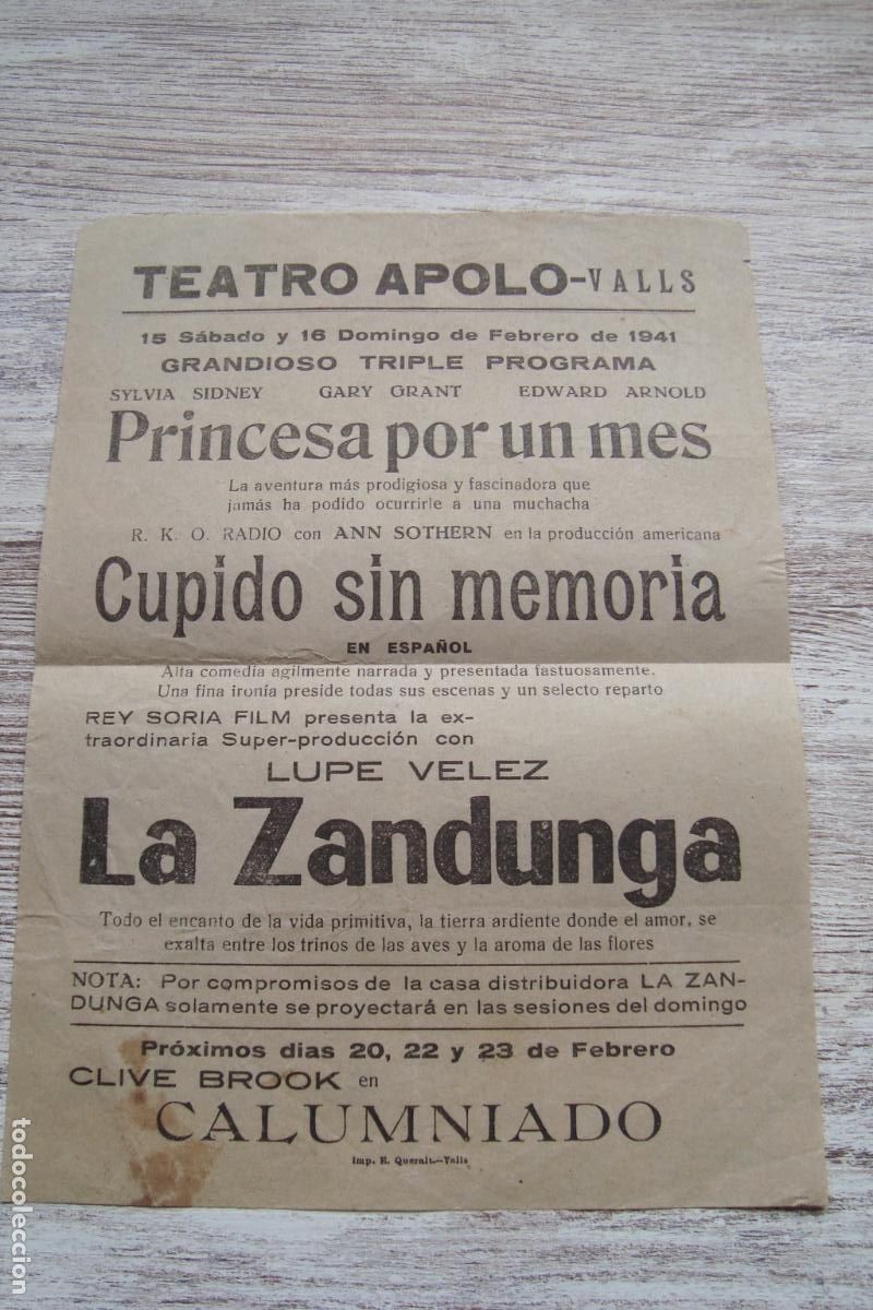 Cine: ANTIGUO CARTEL PROGRAMA CINE TEATRO APOLO VALLS TARRAGONA 1941. GARY GRANT. LUPE VELEZ.SYKVIA SIDNEY