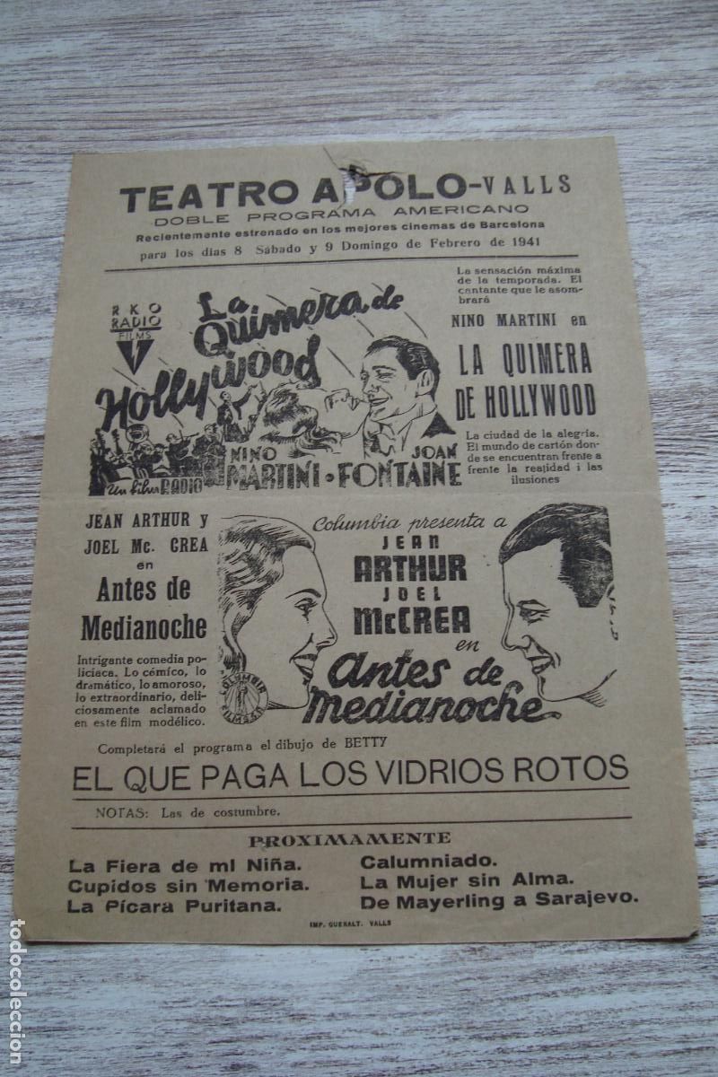 Cine: ANTIGUO CARTEL PROGRAMA CINE TEATRO APOLO VALLS TARRAGONA 1941. NINO MARTINI. JOAN FONTAINE.