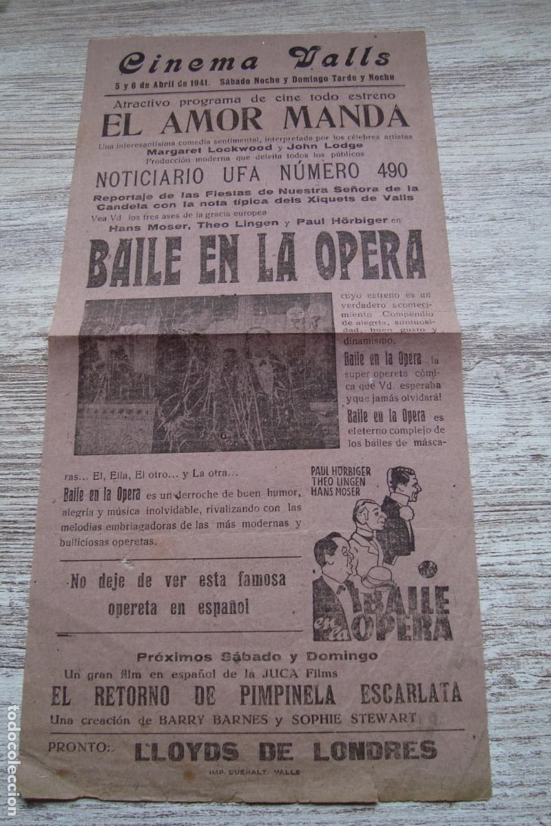 Cine: ANTIGUO CARTEL PROGRAMA CINE TEATRO APOLO VALLS TARRAGONA 1941. MARGARET LOCKWOOD. JOHN LODGE