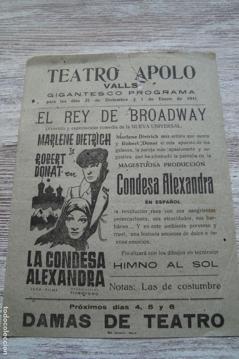 Cine: ANTIGUO CARTEL PROGRAMA CINE TEATRO APOLO VALLS TARRAGONA 1941. MARLENE DIETRICH. ROBER DONAT.