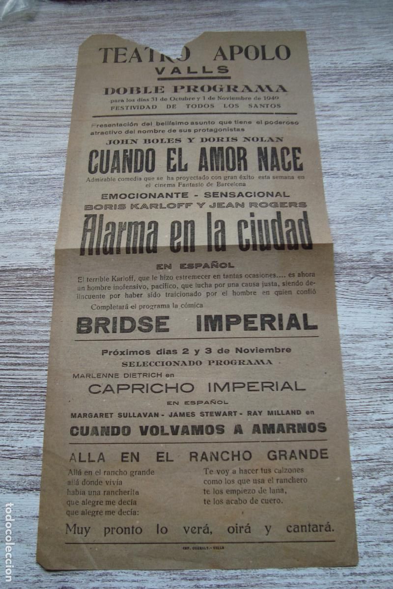 Cine: ANTIGUO CARTEL PROGRAMA CINE TEATRO APOLO VALLS TARRAGONA 1940. BORIS KARLOFF. JOHN BOLES.
