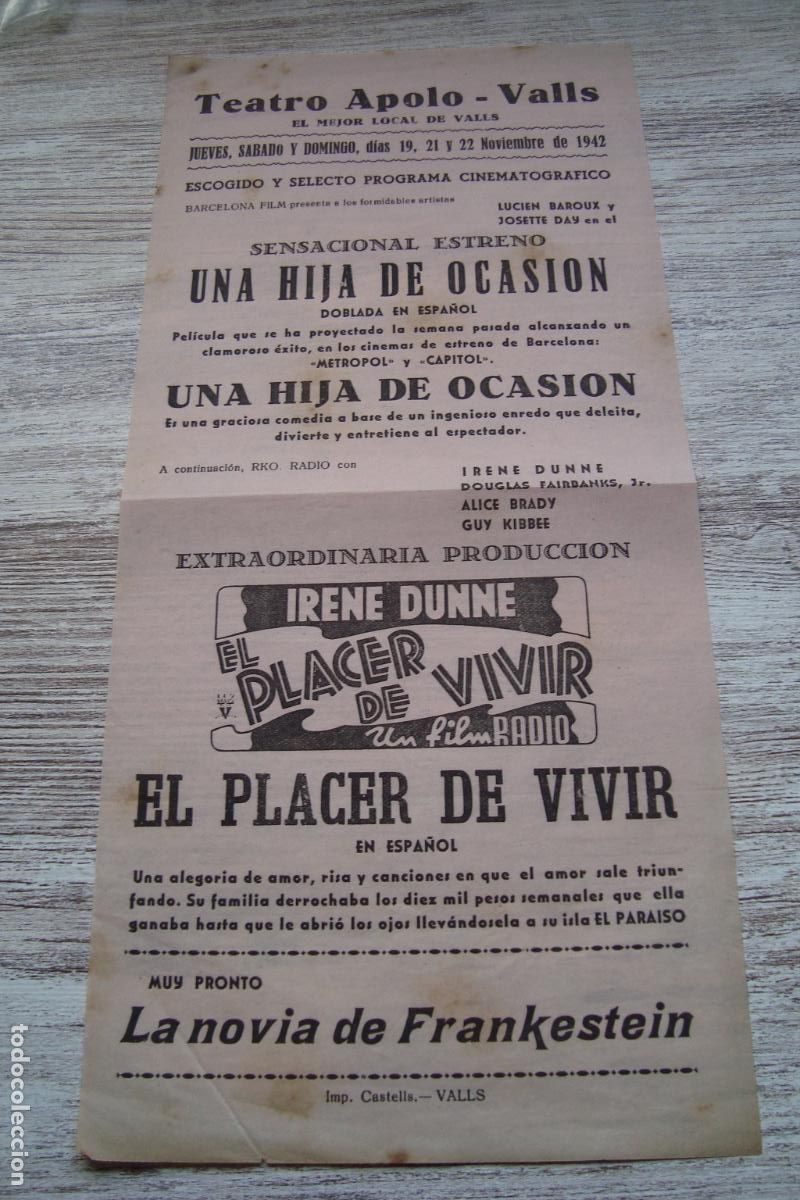 Cine: ANTIGUO CARTEL PROGRAMA CINE TEATRO APOLO VALLS TARRAGONA 1942. LA NOVIA DE FRANKESTEIN