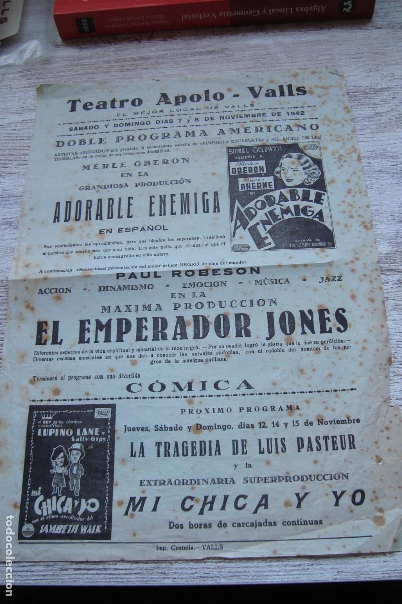 Cine: ANTIGUO CARTEL PROGRAMA CINE TEATRO APOLO VALLS TARRAGONA 1942. MERLE OBERON. PAUL ROBESON