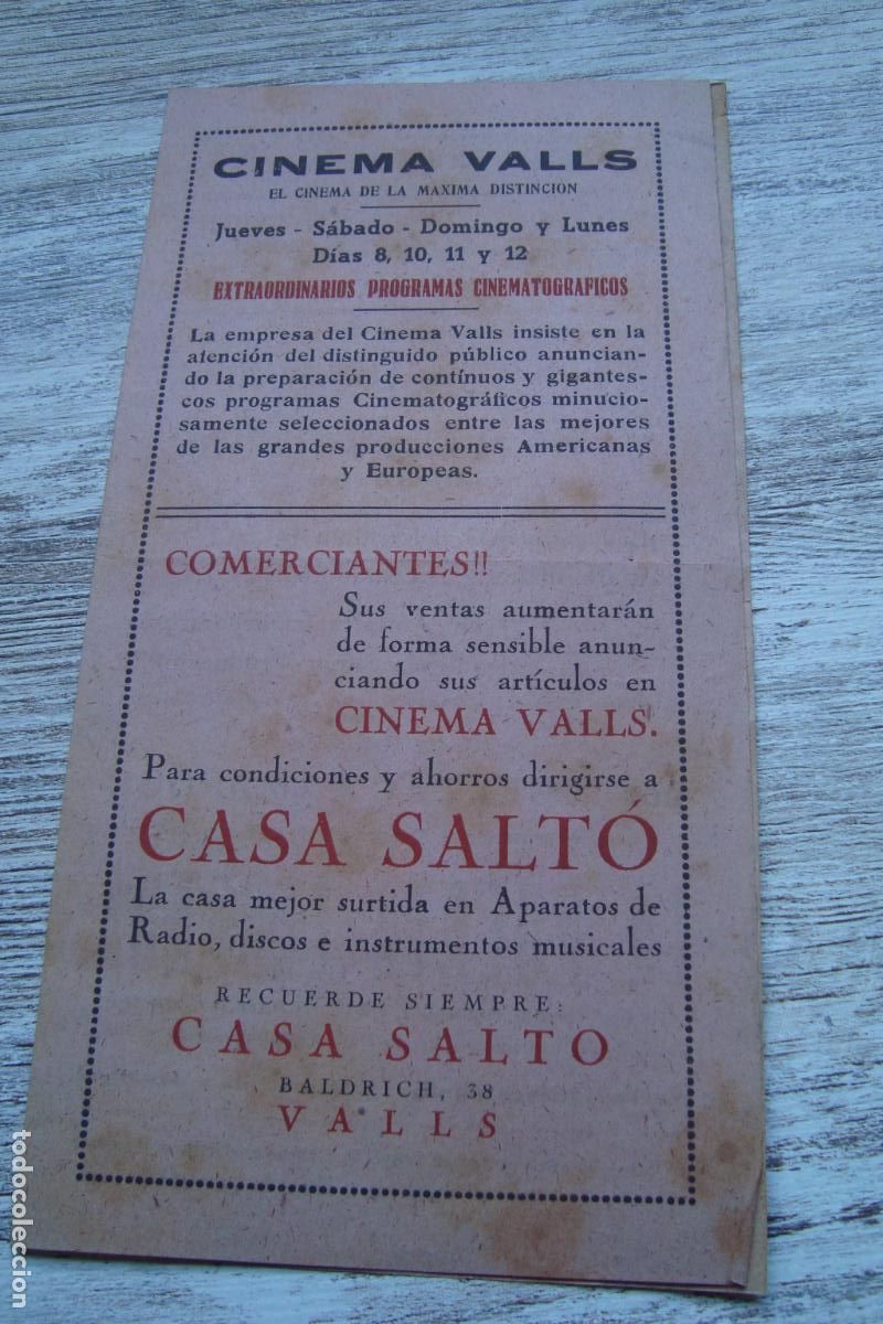 Cine: ANTIGUO PROGRAMA CINE CINEMA VALLS TARRAGONA 1942. LIBERTAD LAMARQUE. NOTICIARIO UFA