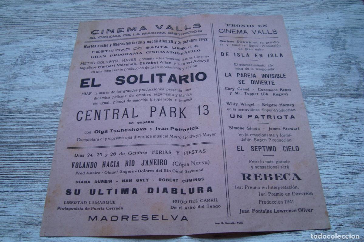 Cine: ANTIGUO CARTEL PROGRAMA CINEMA VALLS TARRAGONA 1942. HERBERT MARSHALL. HUGO DE CARRIL