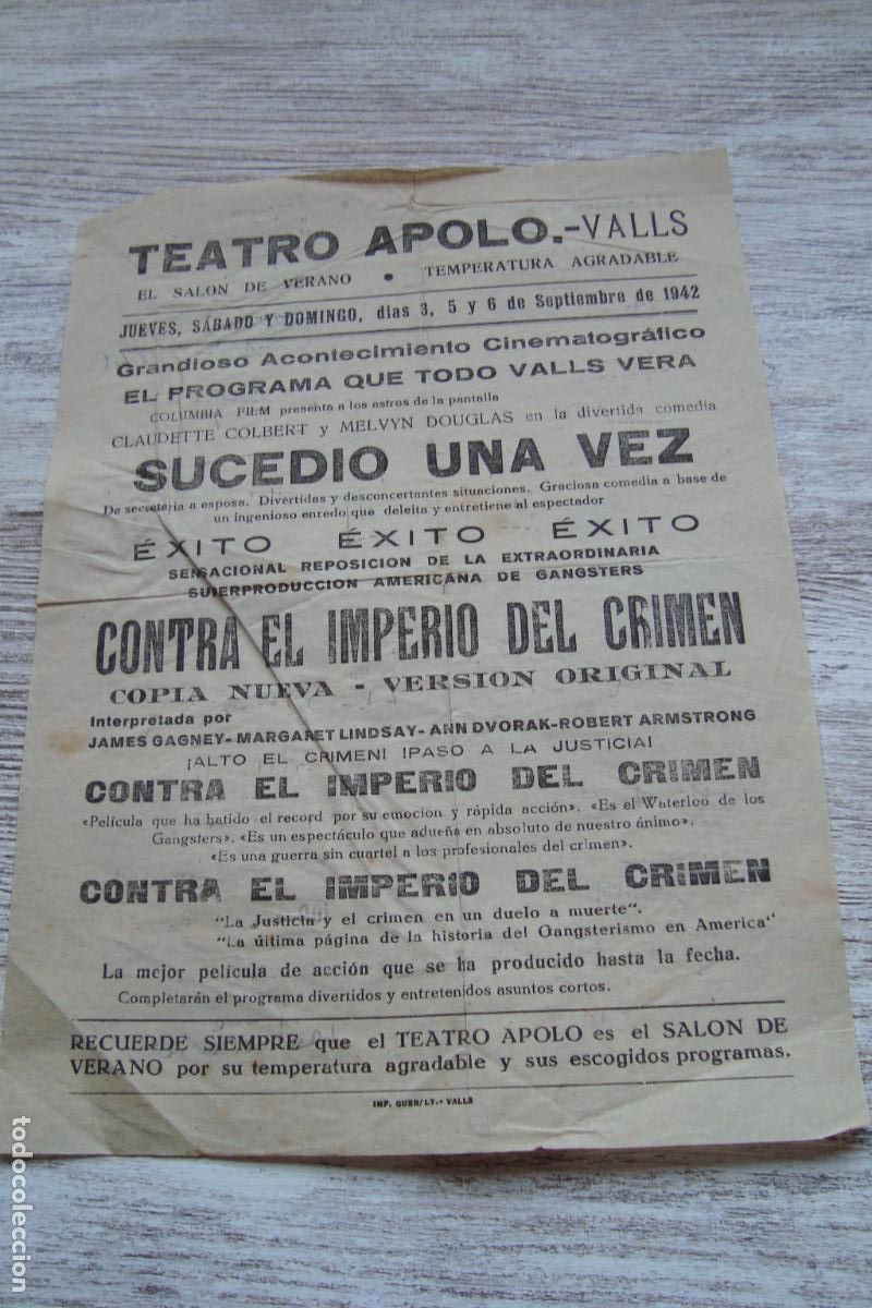 Cine: ANTIGUO CARTEL PROGRAMA CINE TEATRO APOLO VALLS TARRAGONA 1942. MELVYN DOUGLAS. JAMES GAGNEY.