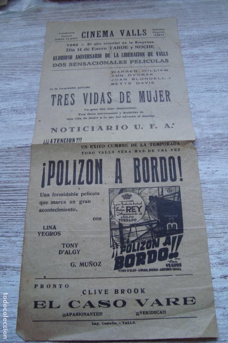 Cine: ANTIGUO CARTEL PROGRAMA CINE CINEMA VALLS TARRAGONA 1942. LINA YEGROS.TONY D'ALGY. BETTE DAVIS