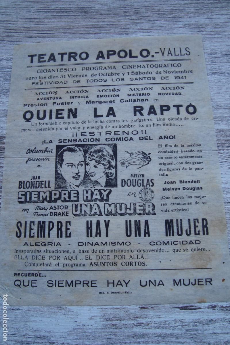 Cine: ANTIGUO CARTEL PROGRAMA CINE TEATRO APOLO VALLS TARRAGONA 1941. JOAN BLONDELL MELVYN DOUGLAS