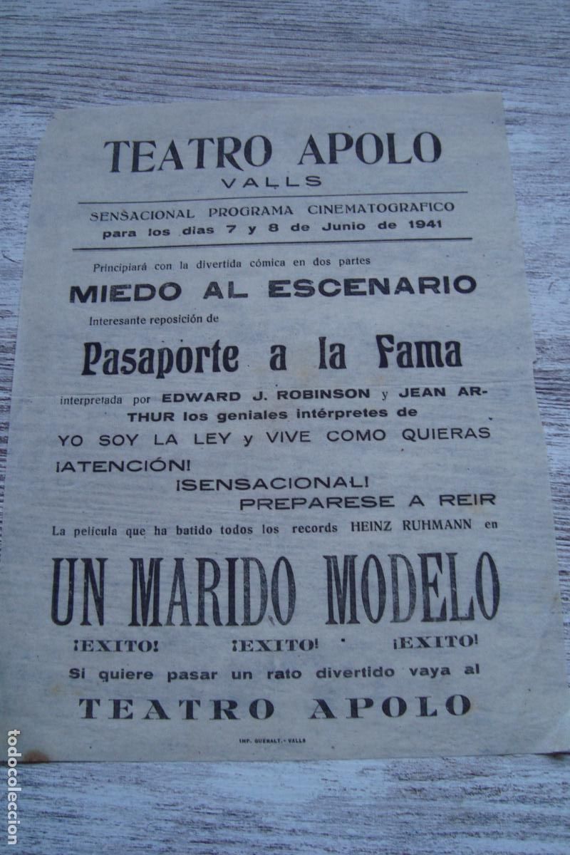 Cine: ANTIGUO CARTEL PROGRAMA CINE TEATRO APOLO VALLS TARRAGONA 1941. EDWARD J. ROBINSON. JEAN ARTHUR.