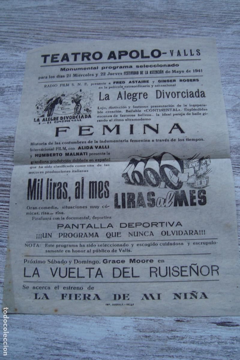 Cine: ANTIGUO CARTEL PROGRAMA CINE TEATRO APOLO VALLS TARRAGONA 1941. FRED ASTAIRE. GINGER ROGERS.