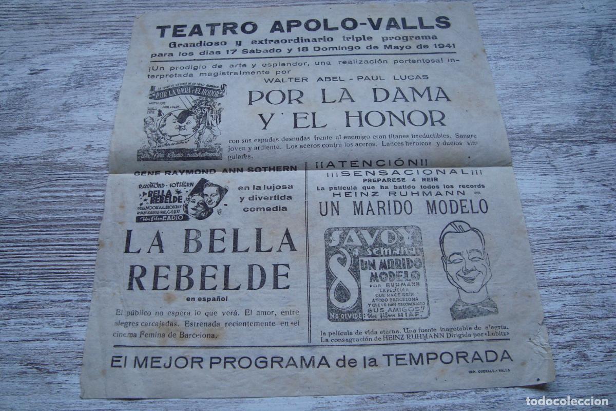Cine: ANTIGUO CARTEL PROGRAMA CINE TEATRO APOLO VALLS TARRAGONA 1941. HEIZ RUHMAN.WALTER ABEL