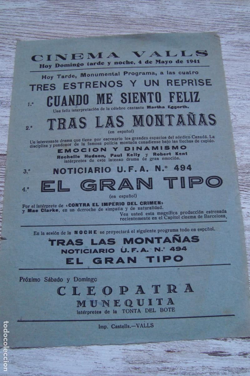 Cine: ANTIGUO CARTEL PROGRAMA CINEMA VALLS TARRAGONA 1941. MARTHA EGGERTH. ROCHELLE HUDSON
