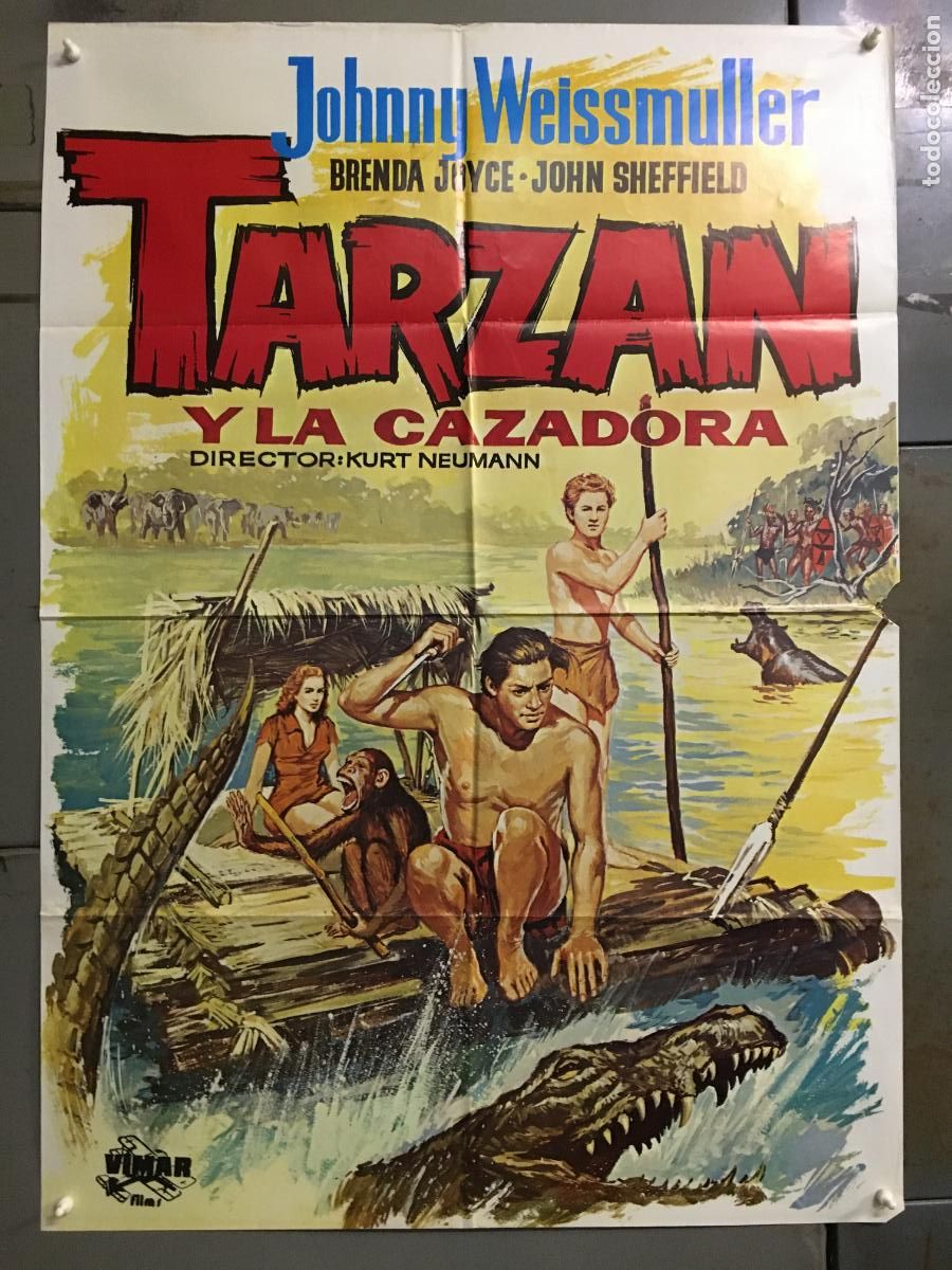 Cine: ODC C877 TARZAN Y LA CAZADORA JOHNNY WEISSMULLER POSTER ORIGINAL 70X100 ESPA&Ntilde;OL R-80&acute;s