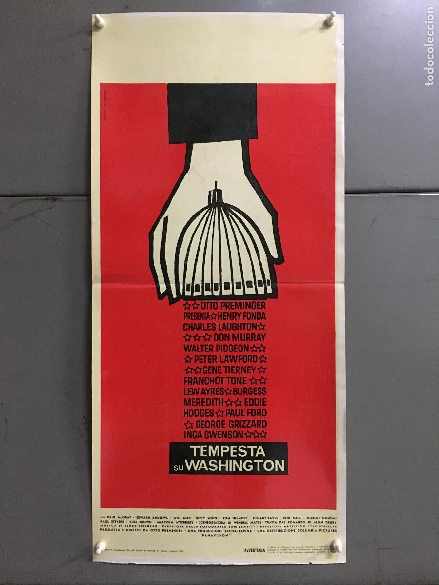 Kino: ICJ 187 TEMPESTAD SOBRE WASHINGTON OTTO PREMINGER SAUL BASS POSTER ORIGINAL ITALIANO 33X70