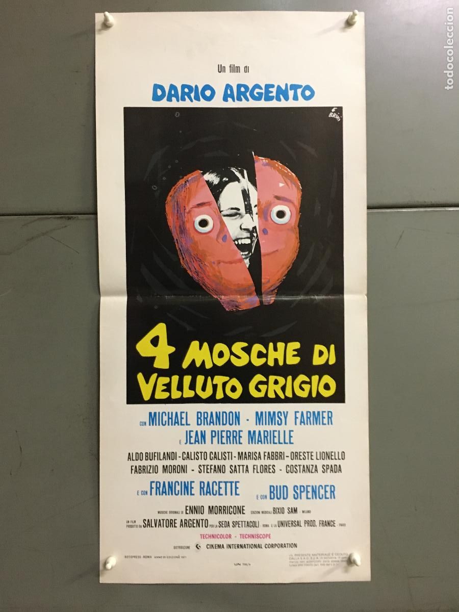 Cinema: ICJ 192 CUATRO MOSCAS SOBRE TERCIOPELO GRIS DARIO ARGENTO BUD SPENCER POSTER ORIGINAL ITALIANO 33X70