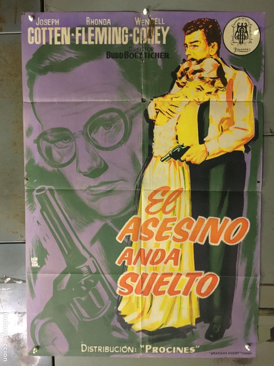 Cine: AFS60 EL ASESINO ANDA SUELTO JOSEPH COTTEN RHONDA FLEMING POSTER ORIGINAL 70X100 ESTRENO LITOGRAFIA