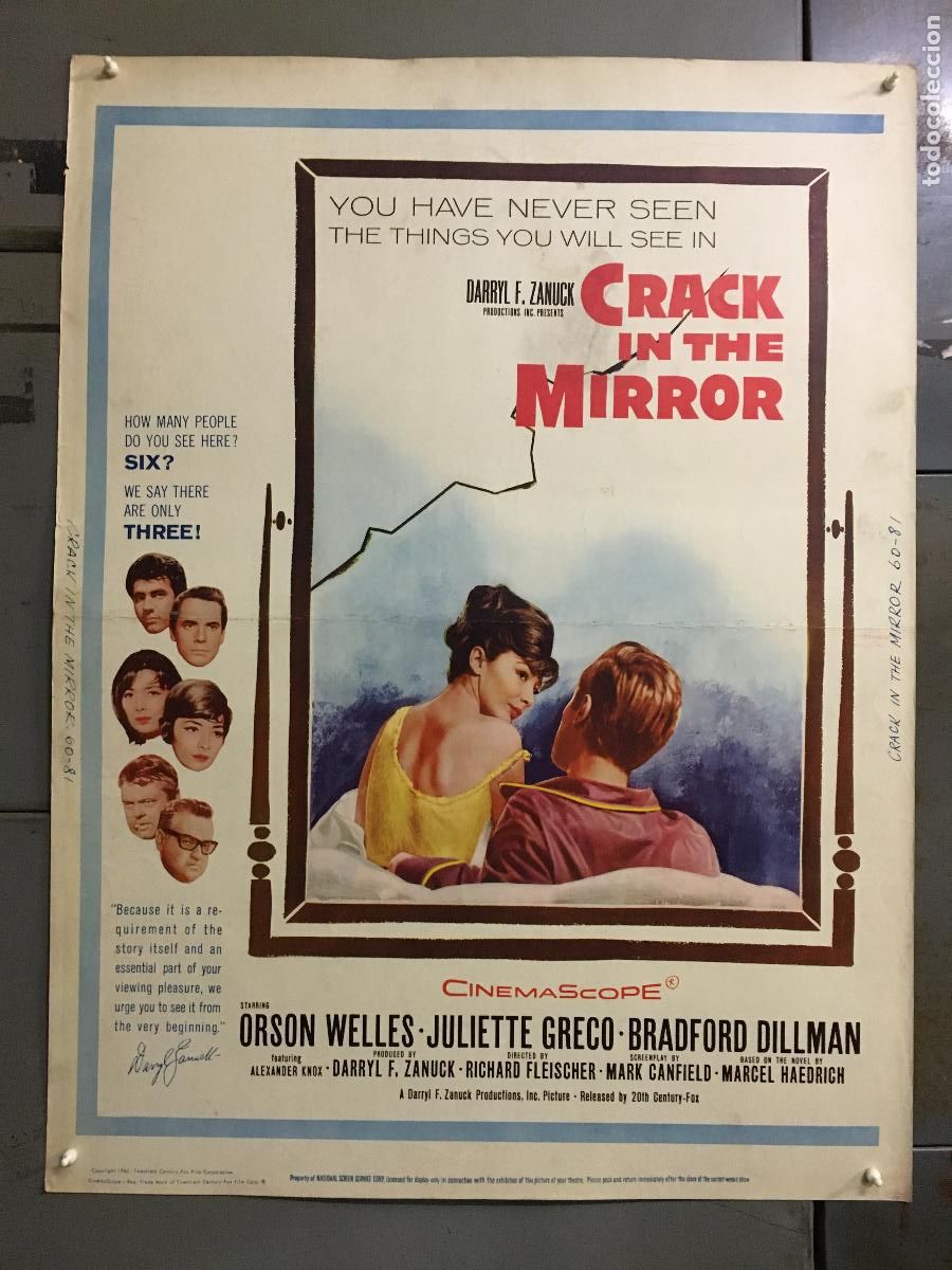 Cine: R0451 CRACK IN THE MIRROR ORSON WELLES JULIETTE GRECO POSTER ORIGINAL AMERICANO 76X102