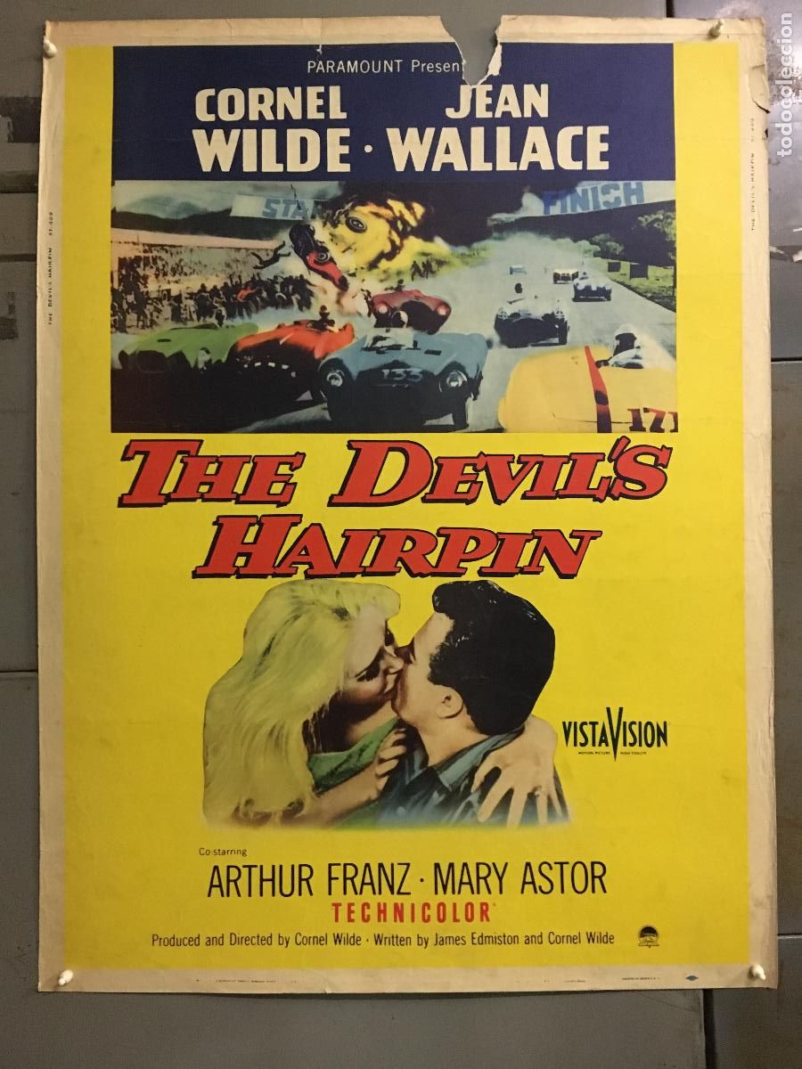 Cine: R0461 THE DEVIL'S HAIRPIN CORNEL WILDE JEAN WALLACE AUTOMOVILISMO POSTER ORIGINAL AMERICANO 76X102