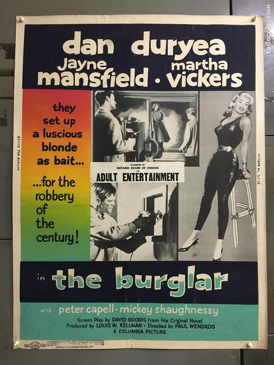 Cine: R0465 THE BURGLAR DAN DURYEA JANE MANSFIELD SEXY POSTER ORIGINAL AMERICANO 76X102
