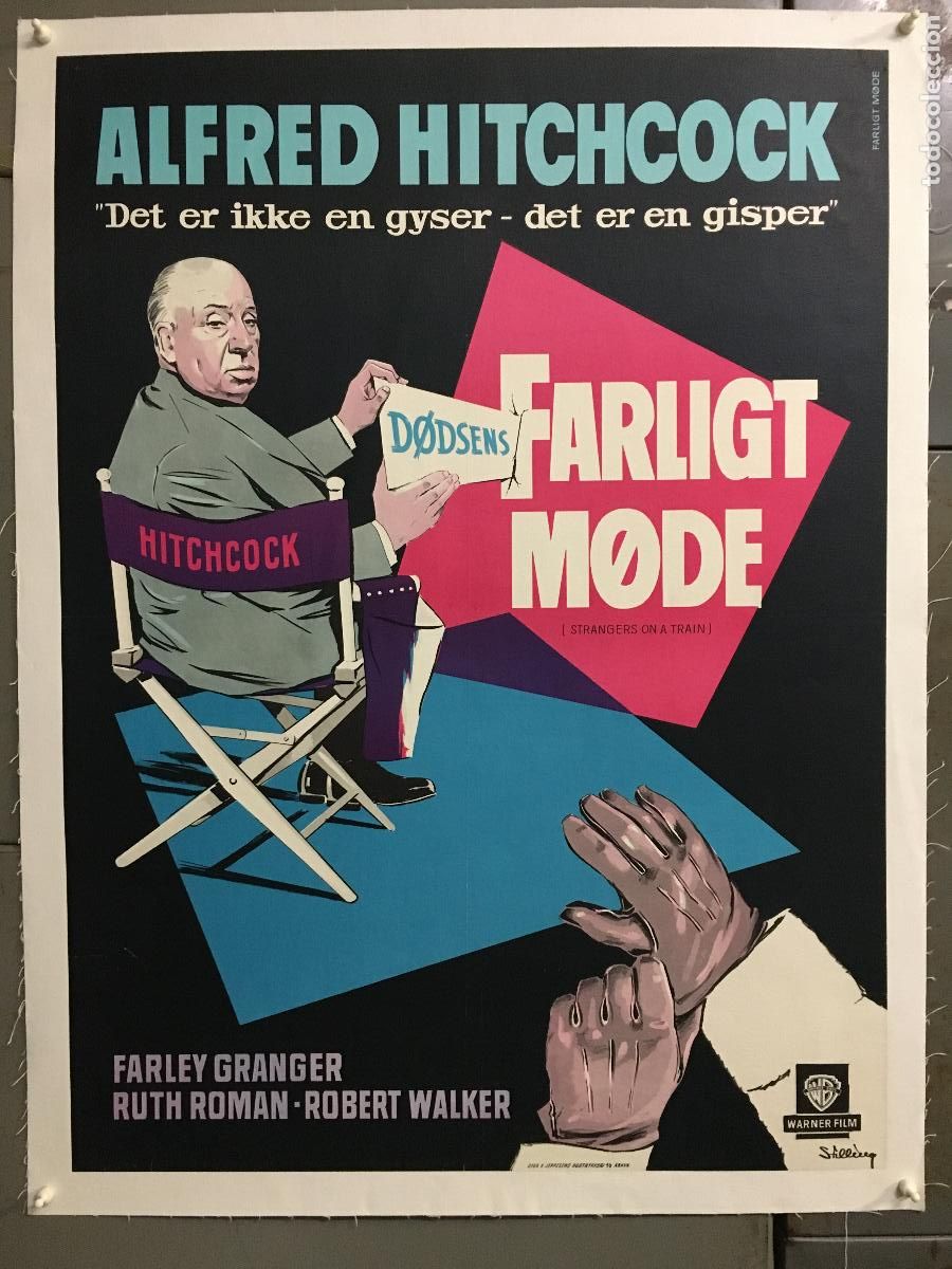 Kino: R0539 EXTRA&Ntilde;OS EN UN TREN ALFRED HITCHCOCK POSTER ORIGINAL DANES 62X85 ENTELADO LITOGRAFIA