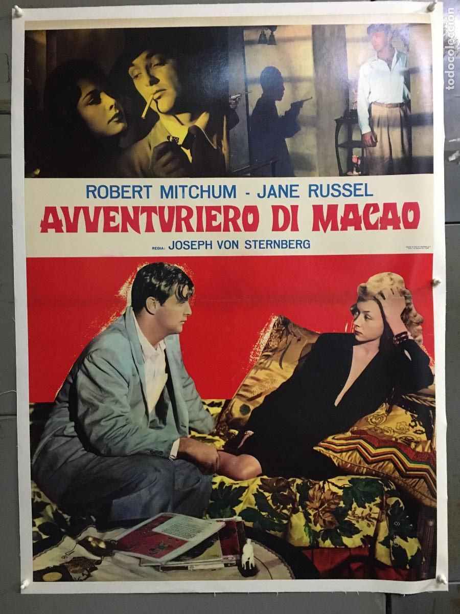 Cine: R0590 UNA AVENTURERA EN MACAO ROBERT MITCHUM JANE RUSSELL POSTER ORIGINAL ITALIANO 68X94 ENTELADO