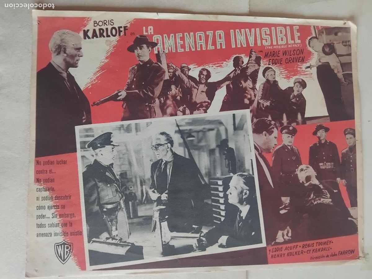Cine: LA AMENAZA INVISIBLE. BORIS KARLOFF. ANTIGUO CARTEL CINE EN CARTON 32 X 42 CM.