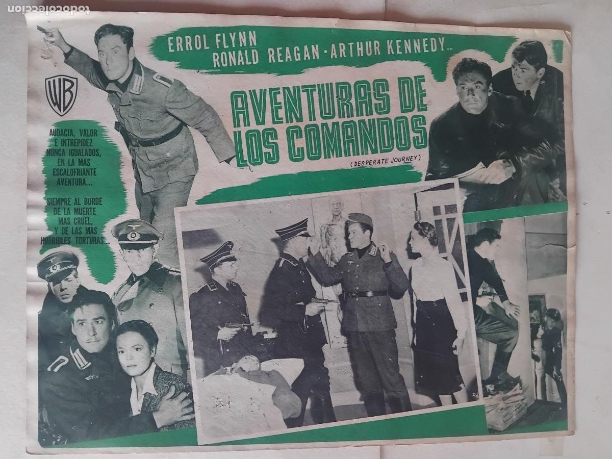 Cine: AVENTURAS DE LOS COMANDOS. ERROL FLYNN. RONALD REAGAN. CARTEL DE CINE 32 X 42 CM.