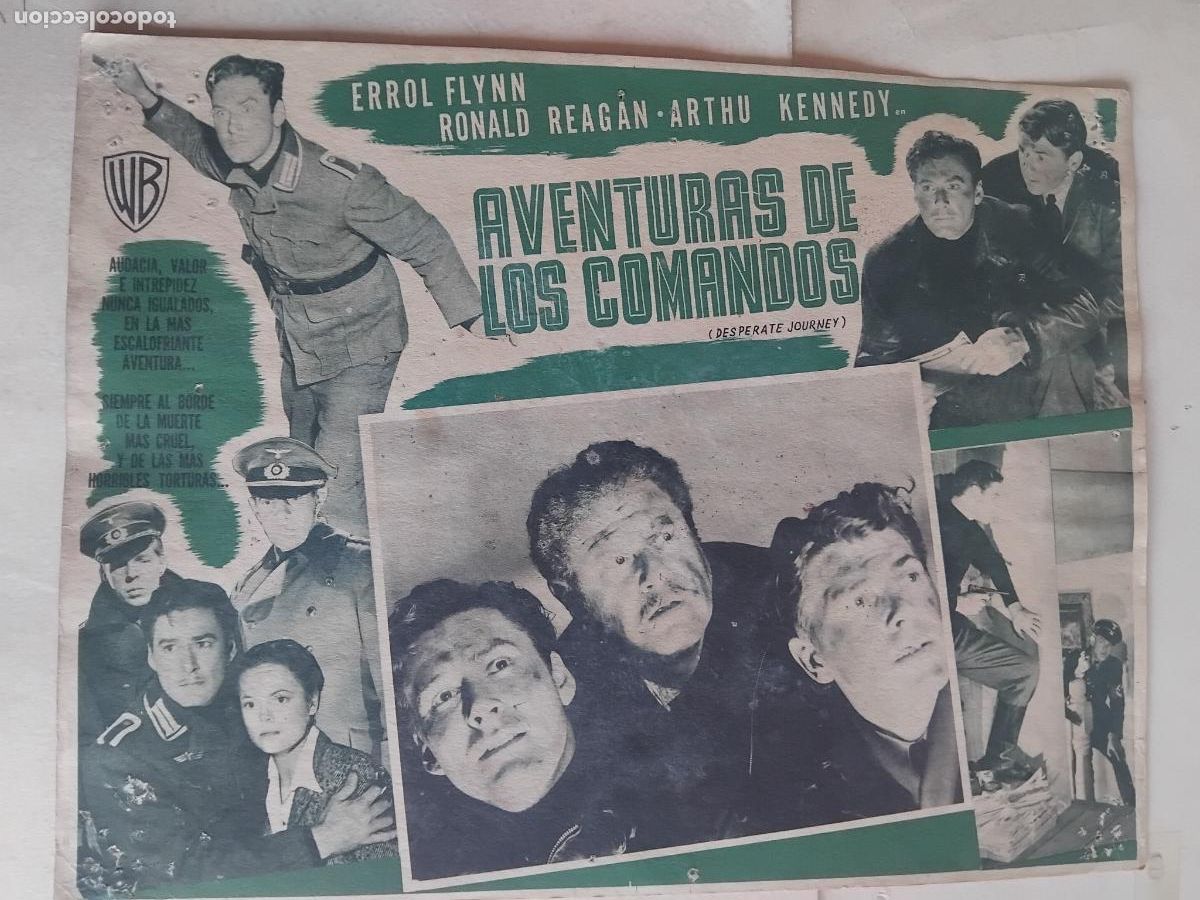 Cine: AVENTURAS DE LOS COMANDOS. ERROL FLYNN. RONALD REAGAN. CARTEL DE CINE 32 X 42 CM.