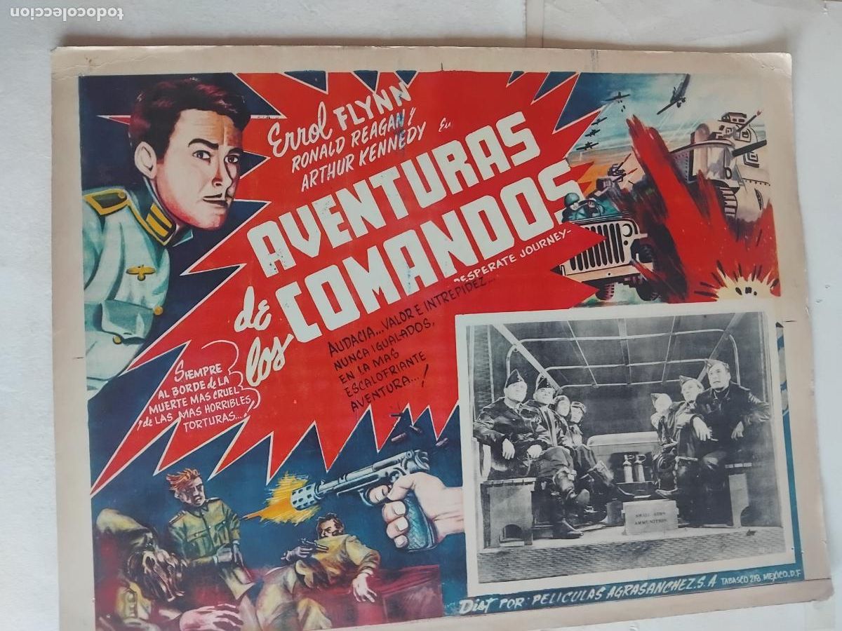Cine: AVENTURAS DE LOS COMANDOS. ERROL FLYNN. RONALD REAGAN. CARTEL DE CINE 32 X 42 CM.