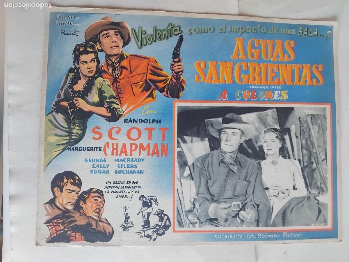 Cine: AGUAS SANGRIENTAS. RANDOLPH SCOTT. MARGUERITE CHAPMAN CARTEL DE CINE. 32 X 42 CM.