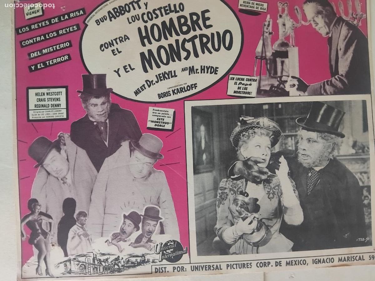 Cine: CARTEL DE CINE EN CARTULINA. ABBOTT Y COSTELLO CONTRA EL HOMBRE Y EL MONSTRUO. 42 X 32 CM.