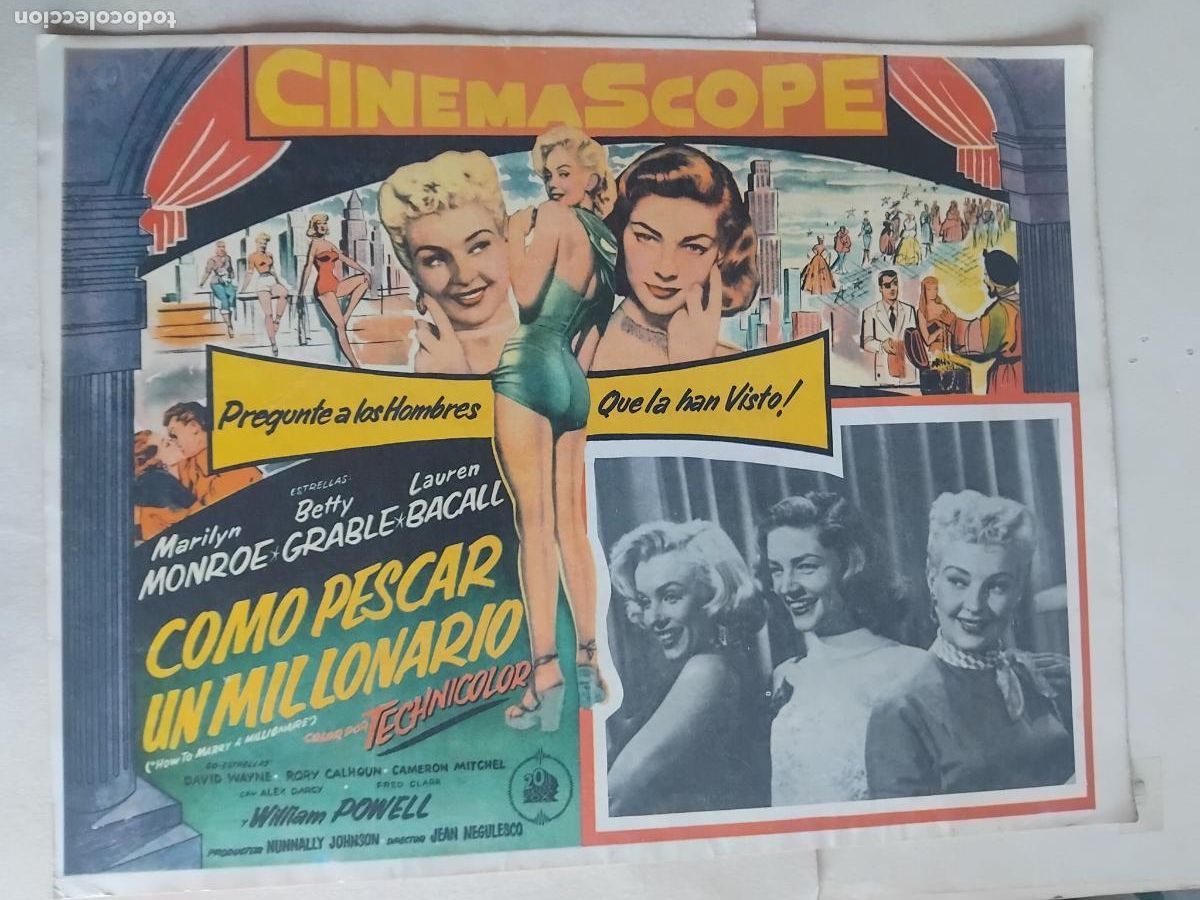 Cine: COMO PESCAR UN MILLONARIO, MATILYN MONROE. BETTY GRABLE. LAUREN BACALL CARTEL DE CINE 42 X 32 CM.