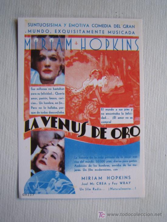 Kino: La venus de oro - folleto reproduccion  miriam hopkins fay wray
