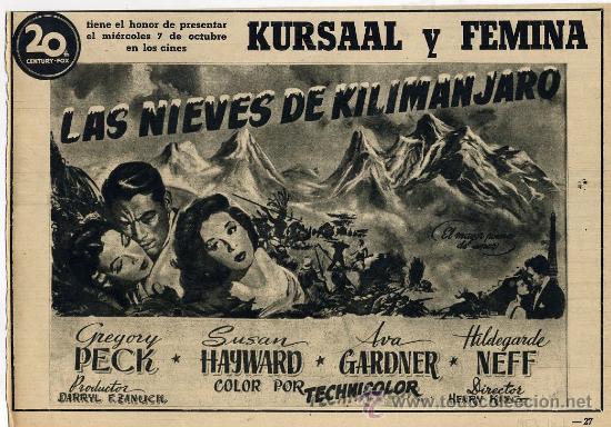 Cine: LAS NIEVES DEL KILIMANJARO 1953 RETAL HOJA REVISTA