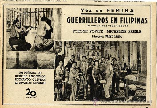 Kino: GUERRILLEROS EN FILIPINAS 1952 TYRONE POWER  RETAL HOJA REVISTA
