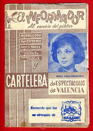 Cinema: REVISTA CARTELERA DE VALENCIA, INFORMADOR, PORTADA GINA LOLLOBRIGIDA , JUNIO 1963 , ORIGINAL