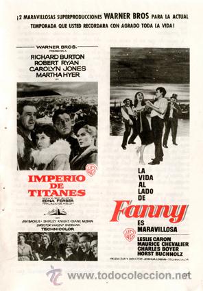 Kino: P&aacute;gina Publicidad Original *IMPERIO TITANES y FANNY* &middot; Warner Bros -- A&ntilde;o 1962