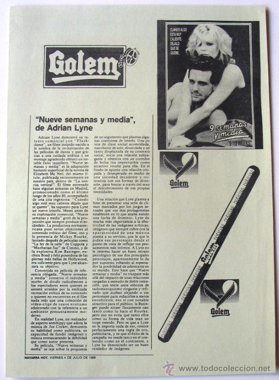 Kino: Folleto del cine Golem - 9 nueve semanas y media - Adrian Lyne - Mickey Rourke - Kim Basinger