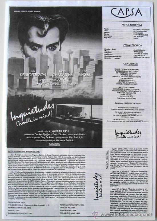 Kino: Folleto del cine Capsa - Inquietudes - Alan Rudolph - Keith Karradine