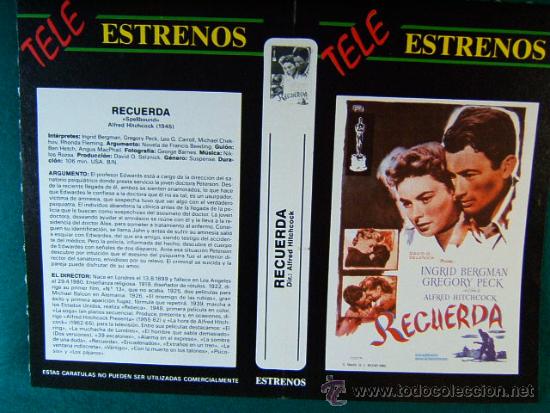 Cine: RECUERDA - ALFRED HITCHCOCK - INGRID BERGMAN - GREGORY PECK - DECADA 1980 - CARATULA ...