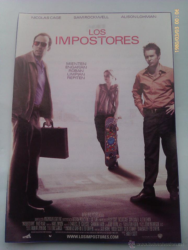 Cine: Folleto de Mano. Pel&iacute;cula Los Impostores. Nicolas Cage. Sam Rockell. Ridley Scott