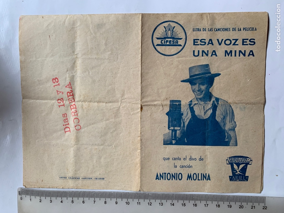 Kino: ESA VOZ ES UNA MINA. ANTONIO MOLINA. LETRA DE LAS CANCIONES. CIFESA. PROD. CINEM. ARIEL.