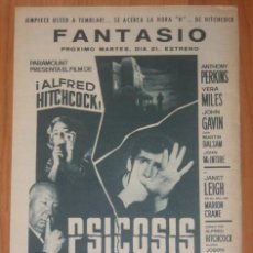 Cine: PSYCHO 1961 ORIGINAL SPAIN FILM ADVERT ALFRED HITCHCOCK ANTHONY PERKINS PSICOSIS PUBLICIDAD