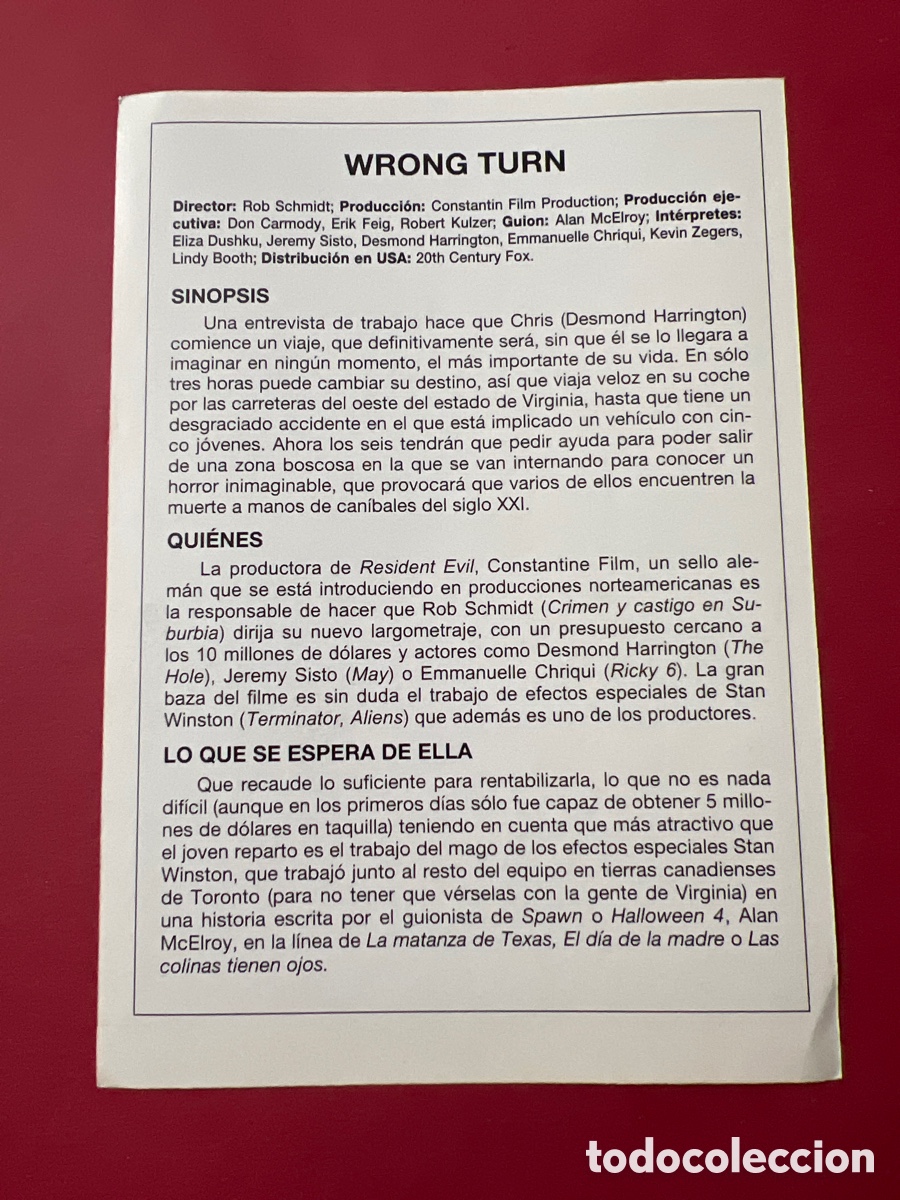 Cine: HB65. FOLLETO DE CINE - WRONG TURN - Foto 2
