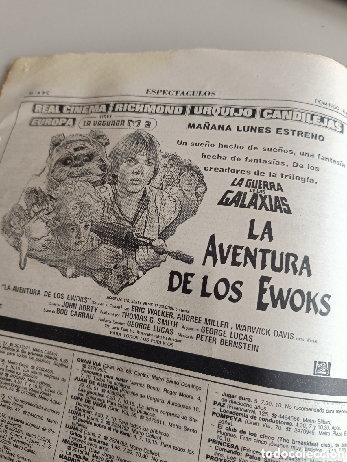 Cine: Anuncio La guerra de las galaxias La aventura de los Ewoks. ABC 18-8-85