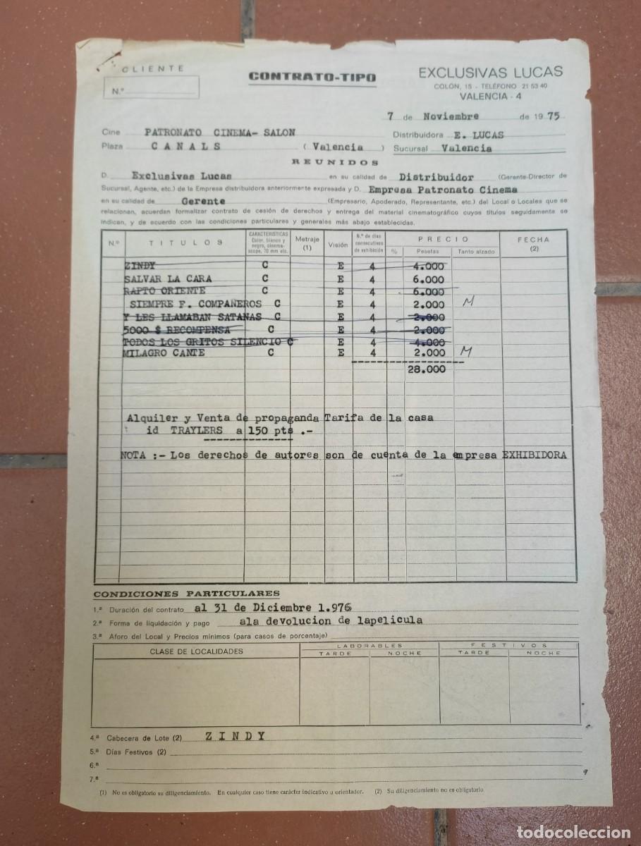 Cine: contrato tipo - Exclusivas Lucas - para Cine Patronato de Canals - Noviembre 1975