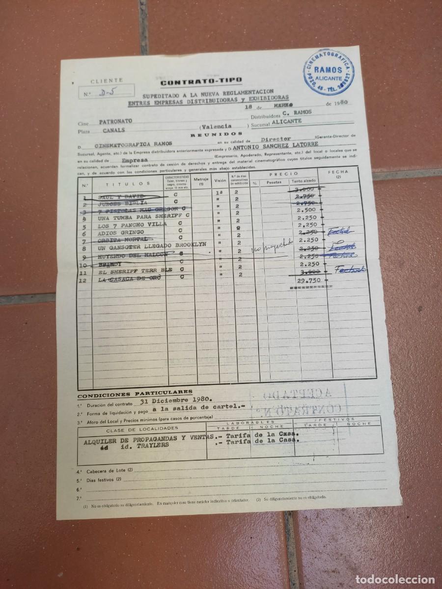 Cine: contrato tipo - cinematografica Ramos - Alicante - para Cine Patronato de Canals - 1980