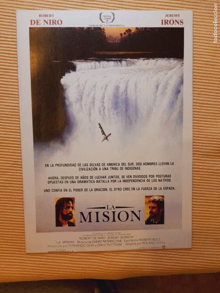 Cine: PELICULAS MITICAS. LA MISION (1986) Robert De Niro, Jeremy Irons, (Hoja de revista reverso texto)